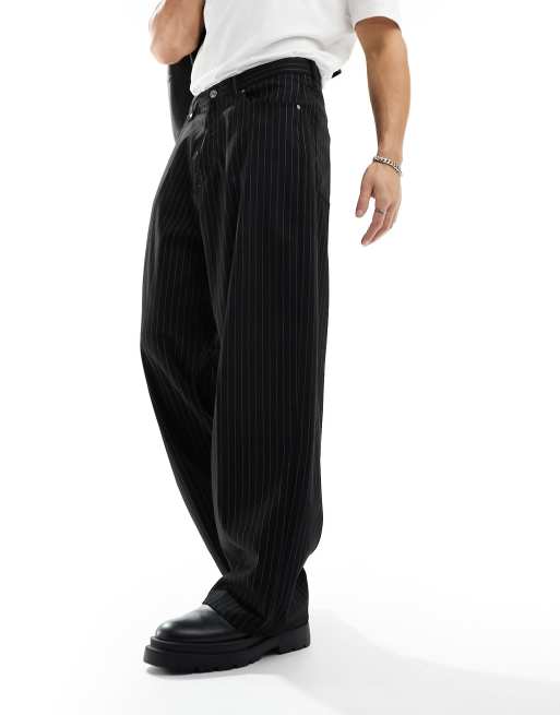 Weekday Astro baggy fit pants in black pinstripe | ASOS