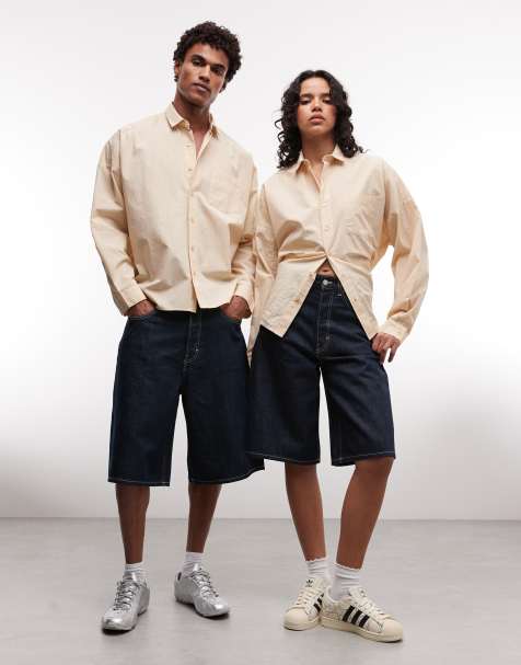 Weekday – Astro – Blå, tvättade, baggy jeansshorts i unisex-modell med låg midja - view 1