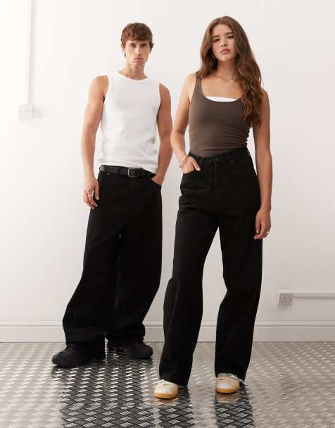 Weekday – Astro – Czarne jeansy unisex z obniżonym stanem i efektem sprania - view 1