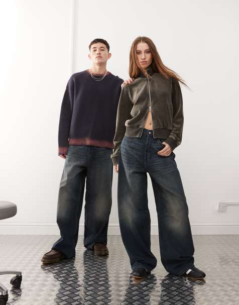 Weekday - Astro - Jean baggy unisexe ample à taille basse - Bleu délavé effet strié - view 1
