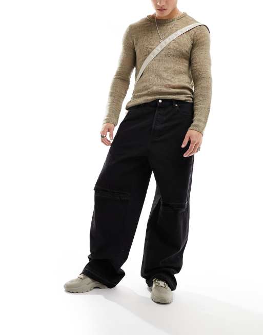 Weekday - Astro - Jeans larghi a fondo ampio neri con strappo sul ginocchio e dettagli invecchiati