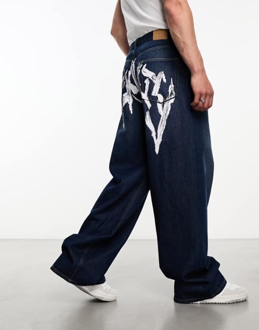 Weekday Astro loose fit wide leg jeans with graphic print in archaic blue