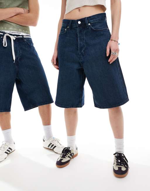 Weekday - Astro - Unisex baggy denim short in saffierblauw