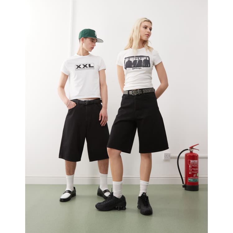 WEEKDAY Astro Denim Loose Baggy Shorts in Black Grumble
