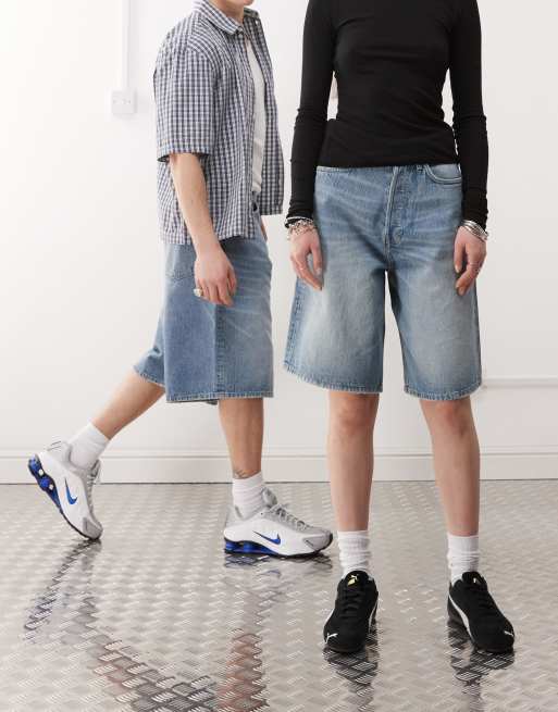 Weekday Astro Unisex baggy denim shorts in blue