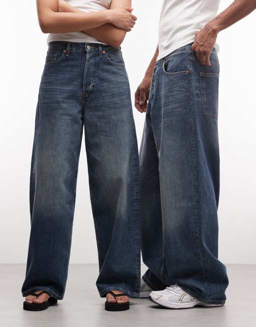 Weekday - Astro - Unisex - Lavtaljede jeans i famlet blå vask i poset pasform, 2 af 5