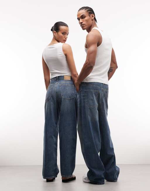 Weekday - Astro - Unisex - Lavtaljede jeans i famlet blå vask i poset pasform, 3 af 5