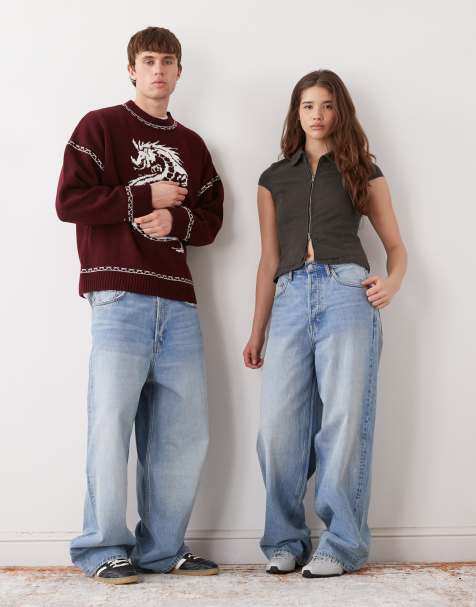 Weekday Astro Unisex low rise baggy fit jeans in dark blue wash