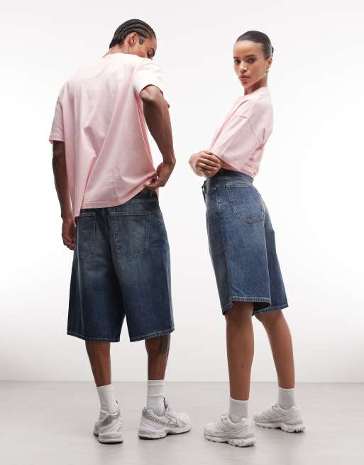 Weekday Astro Unisex low rise baggy fit jorts in faded blue wash, 4 of 4