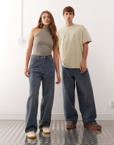 Weekday Astro Unisex low rise loose fit baggy jeans in dusty blue wash - view 1