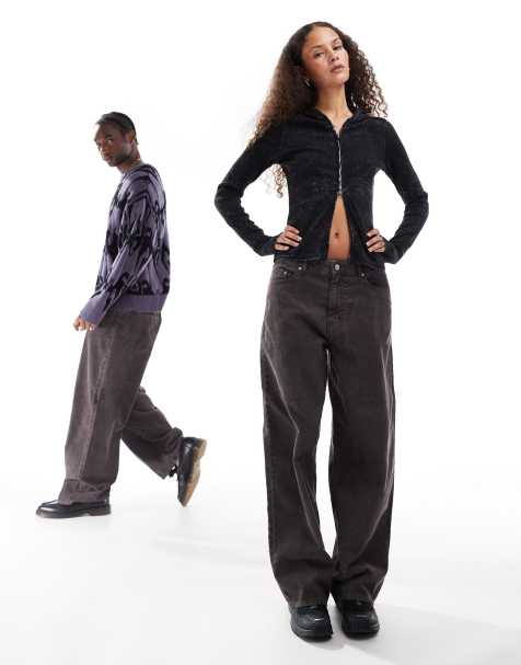 Weekday Astro Unisex wide leg cord pants in dark brown - view 1