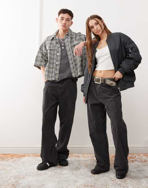 Weekday Astro Unisex wide leg cord trousers in black - view 1