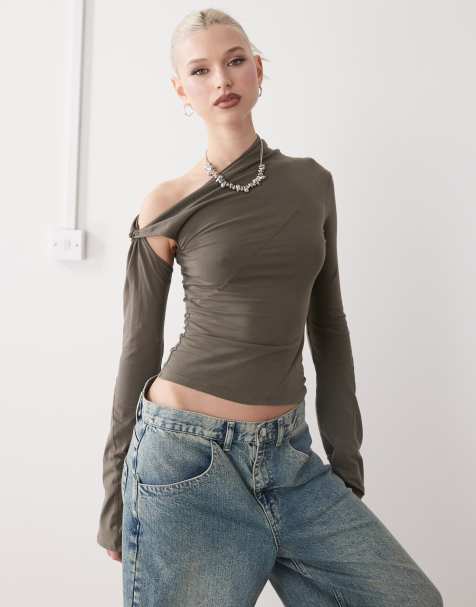 Weekday asymmetric long sleeve top with knot detail in khaki