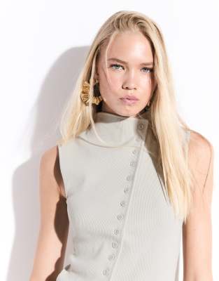 Weekday Asymmetric Button Down Mock Neck Top In Gray