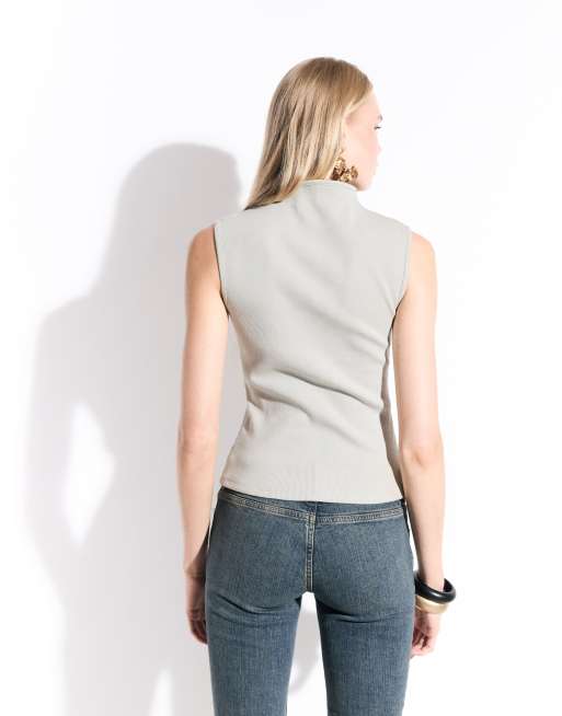 Weekday asymmetric button down mock neck top in light mole, 4 of 8
