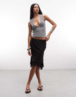 Weekday Asymmetric Chiffon Midi Skirt With Double Layer In Black