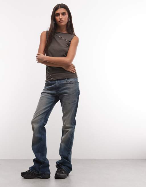 Weekday asymmetric eyelet detail tank top in dark khaki, 2 of 4