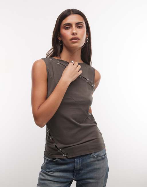 Weekday asymmetric eyelet detail tank top in dark khaki, 3 of 4
