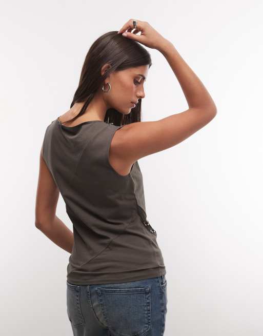 Weekday asymmetric eyelet detail tank top in dark khaki, 4 of 4