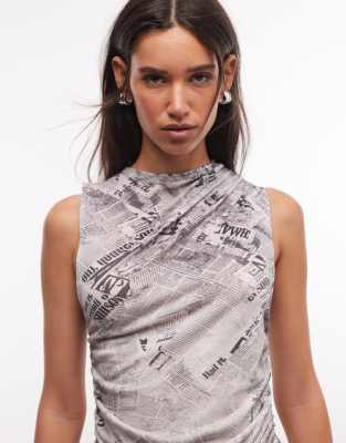 Weekday Asymmetric Gathered Tank Top With Newspaper Print-gray In Brown