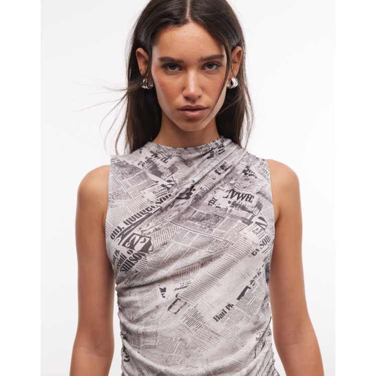 Weekday asymmetric gathered tank top with newspaper print | ASOS