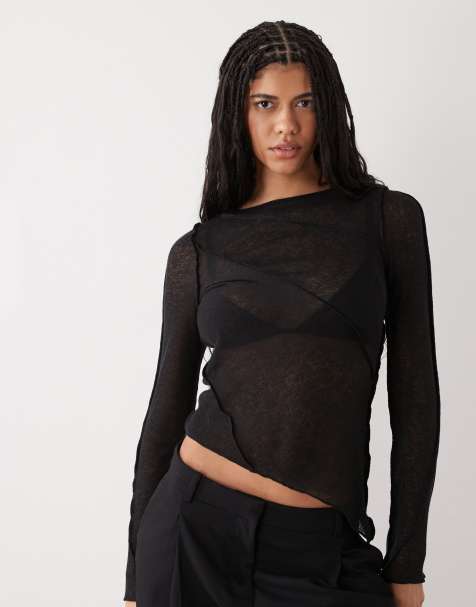 Weekday asymmetric long sleeve mesh top with seam detailling in black - view 1