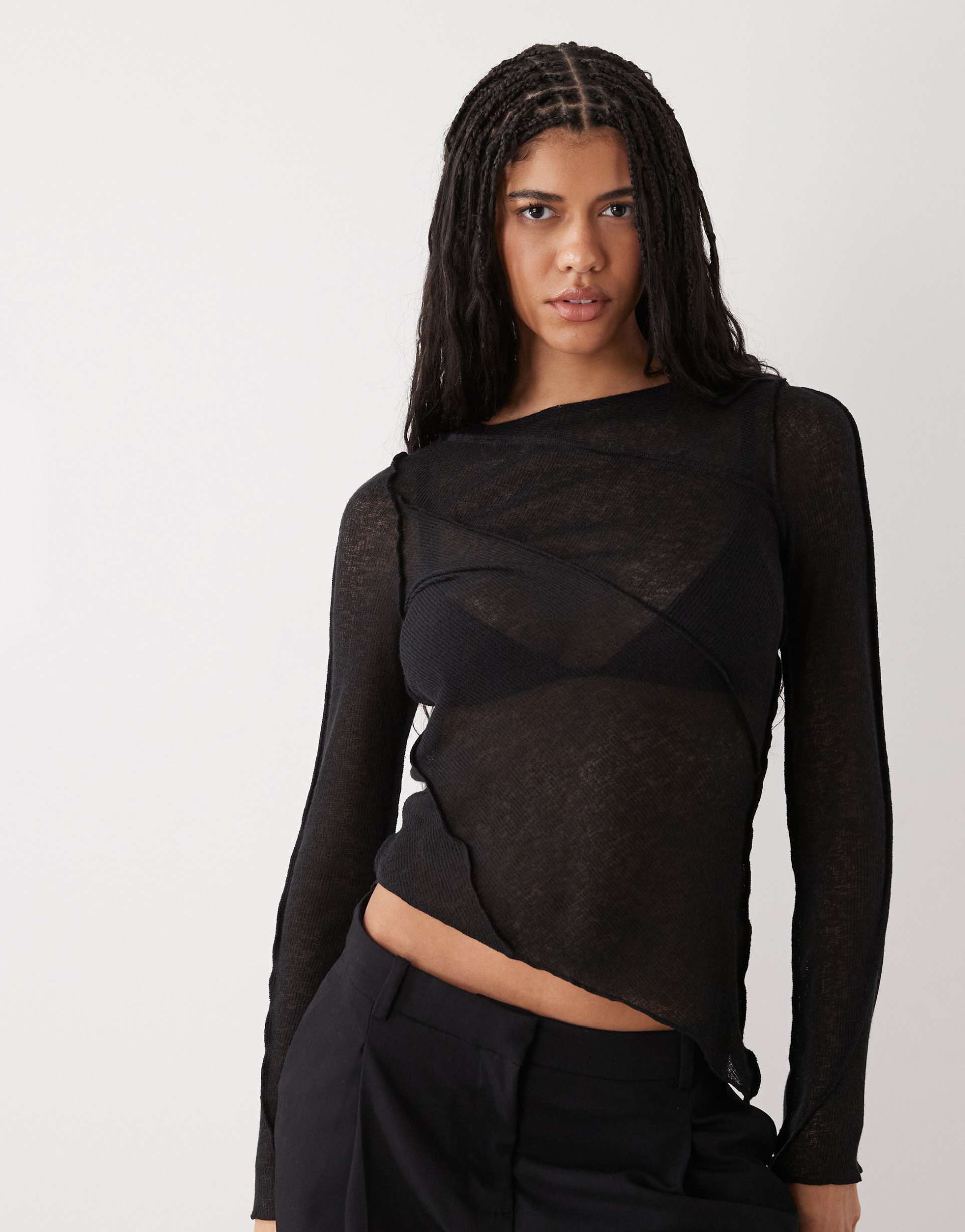 weekday asymmetric long sleeve mesh top with seam detailling in black