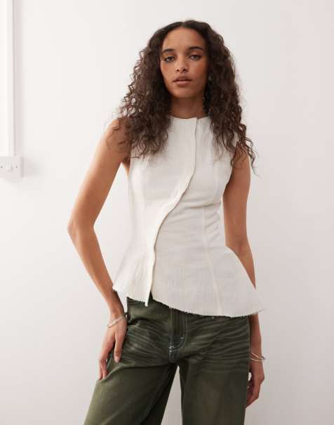 Weekday asymmetric peplum top with concealed buttons in off-white - view 1