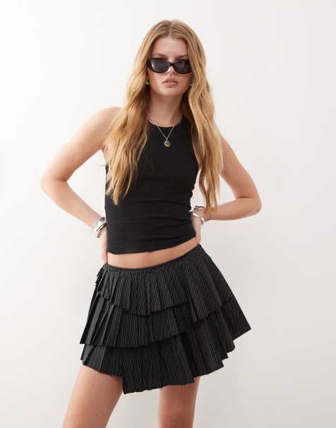 Weekday asymmetric pleated mini skirt in black stripe - view 1