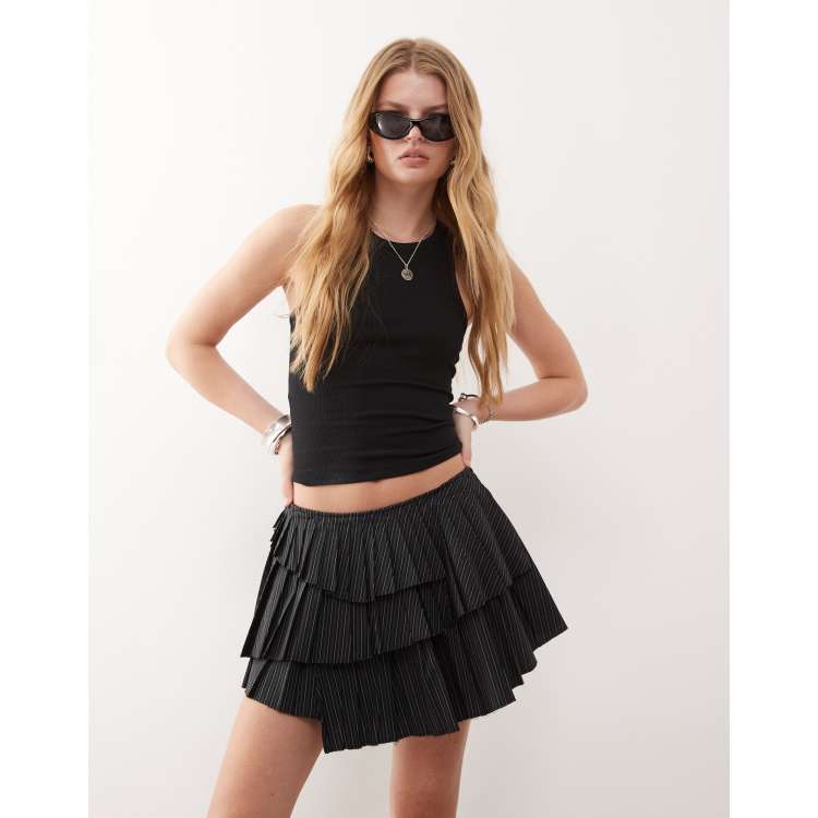 ミニスカート [MATINKIM]stripe herringbone wrap mini skirt in black STRIPE HERRINGBONE WRAP MINI SKIRT IN BLACK – Matin Kim