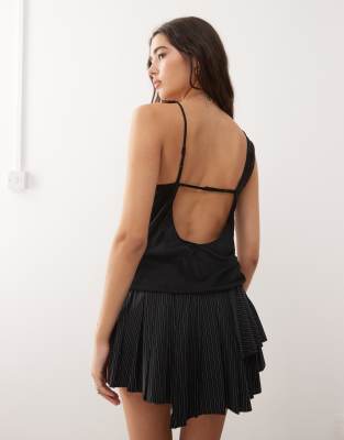 Weekday Asymmetric Satin Top With Open Back In Black
