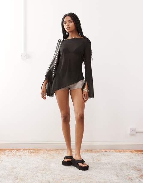 Weekday asymmetric semi sheer long sleeve top in black - view 1