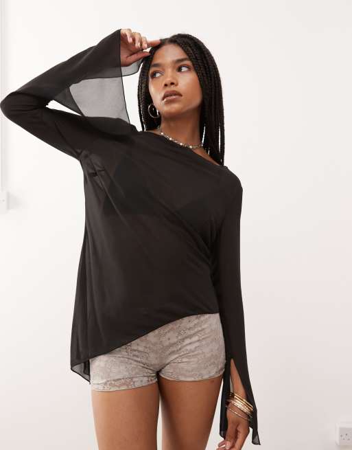 Weekday asymmetric semi sheer long sleeve top in black | ASOS