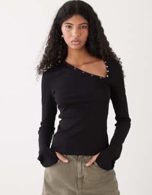Weekday Asymmetric Snap Button Detailing Long Sleeve Top In Black