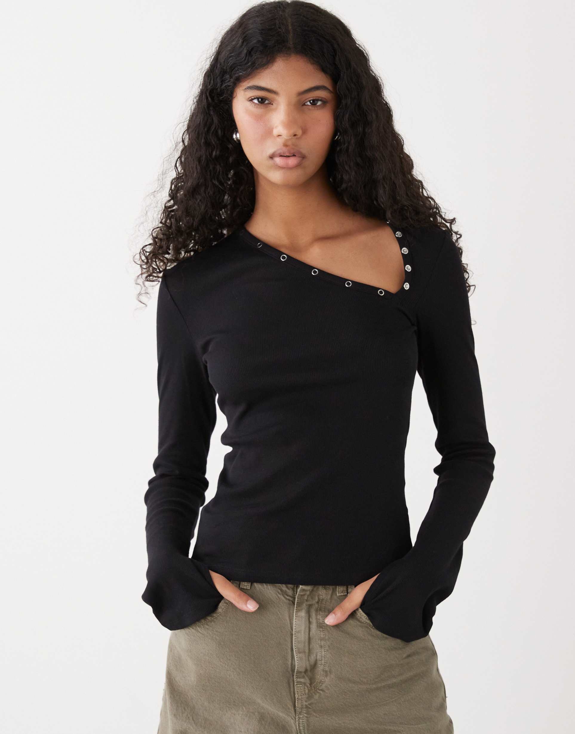 weekday asymmetric snap button detailing long sleeve top in black