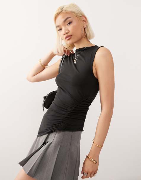 Weekday asymmetric top with ruched side detail in black - view 1