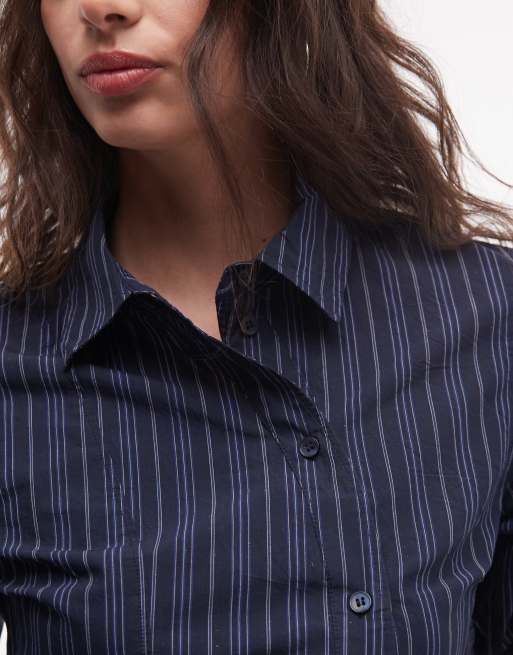 Weekday - Asymmetrisch gestreept overhemd met split in donkerblauw, 3 van 4