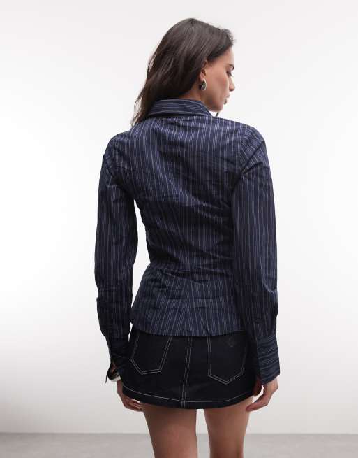 Weekday - Asymmetrisch gestreept overhemd met split in donkerblauw, 4 van 4