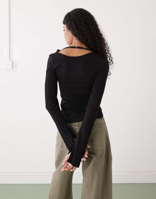 Weekday - Asymmetrische top met lange mouwen en drukknopen in zwart, 3 van 4