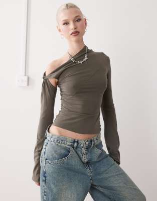 Weekday - Asymmetrisches, langärmliges Oberteil in Khaki mit Knotendetail-Grün