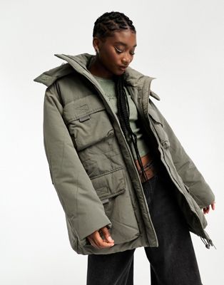 Weekday Attila padded parka with utility pockets in grey - ASOS Price Checker