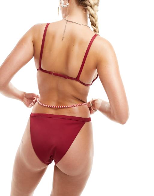 Weekday Ava tanga bikini bottom in dark red exclusive to