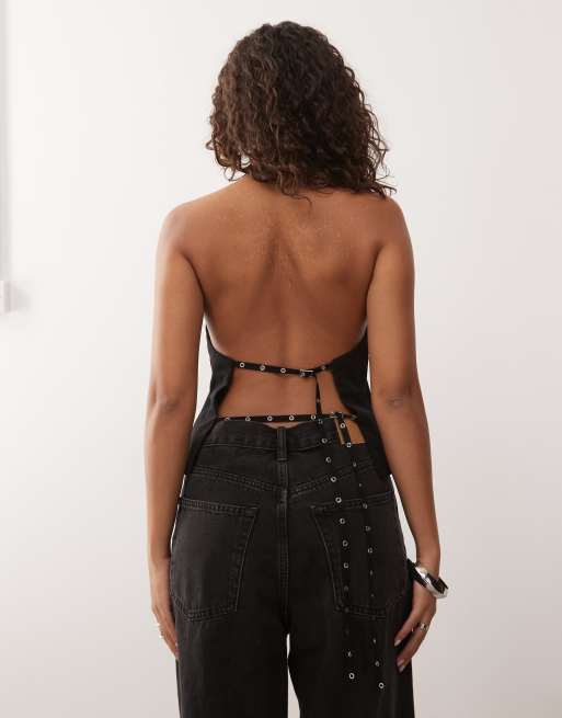 Weekday backless halter neck top with eyelet strap detail in black, 4 of 4