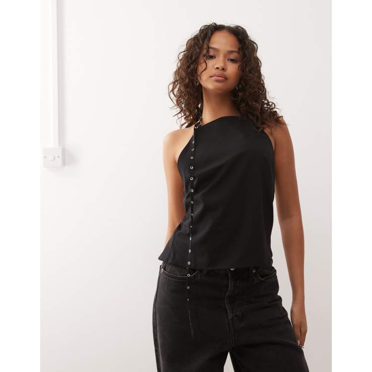 Weekday backless halterneck top with eyelet strap detail in black