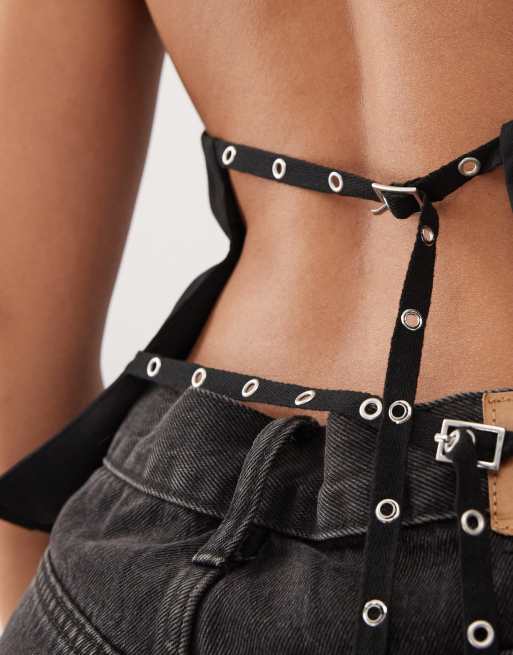 Weekday backless halterneck top with eyelet strap detail in black, 2 of 4