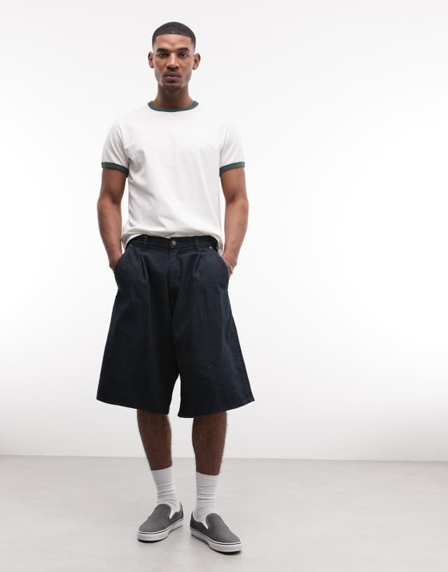 Weekday baggy fit pleated denim shorts in dark blue rinse wash | ASOS