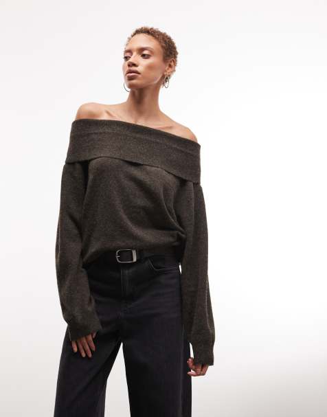 Weekday slouchy off shoulder bardot jumper in brown melange exclusive to ASOS
