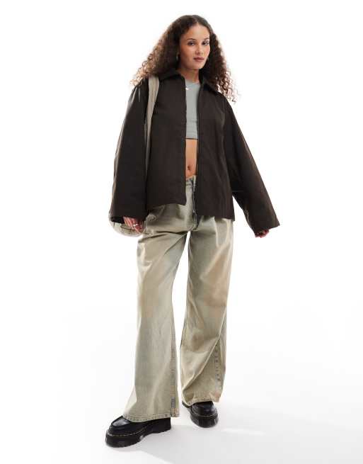Weekday - Barn - Veste cirée avec col contrastant en velours côtelé - Marron foncé