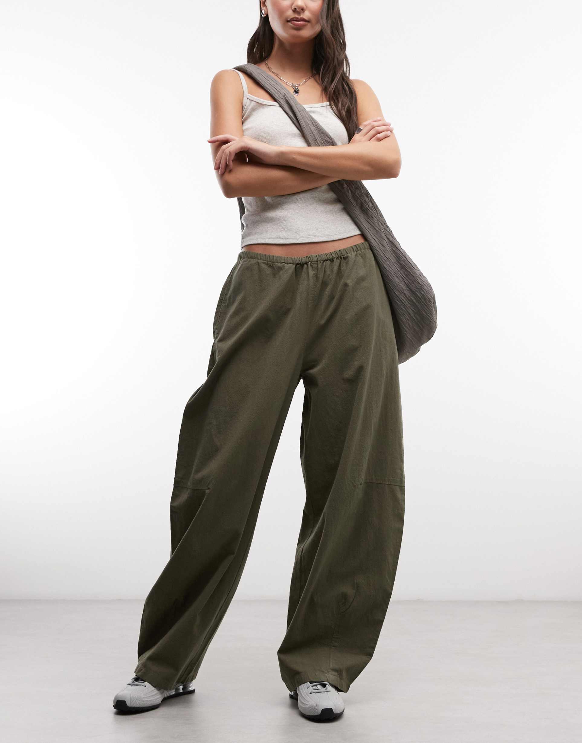 weekday barrel leg parachute pants in khaki green