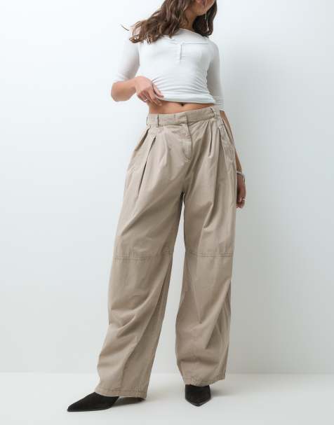 Weekday barrel leg trousers with adjustable back strap in beige wash - view 1